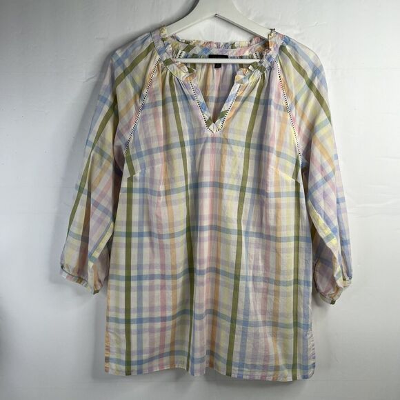 Talbots Size M Ruffle Tunic Top Rainbow Plaid Lightweight Ladder Trim Split Neck - Picture 4 of 13
